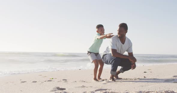 Portrait of smiling african american father carrying son on sunny beach