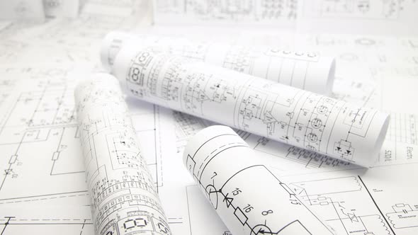 paper rolls of electrical engineering drawings