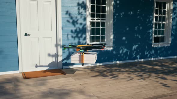 Hexacopter drone delivering ordered pizza directly to the door. Render 4k