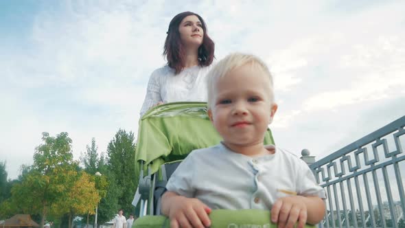 family, child and parenthood concept - happy mother walking with baby stroller in park