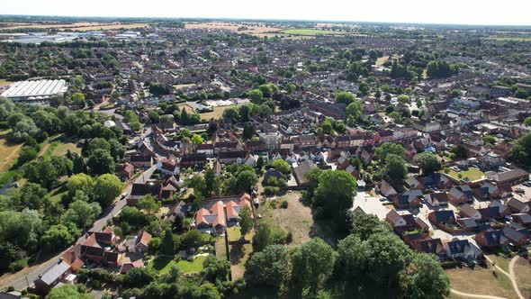 Hadleigh  town Suffolk, UK pull back reveal drone aerial view