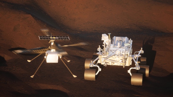 Motor vehicle and  helicopter explore Mars