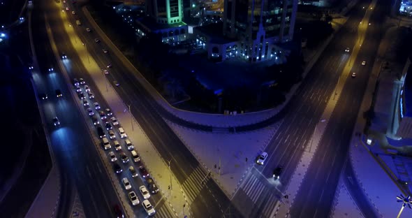 Doha at night, top view, night city lights, Qatar aerial