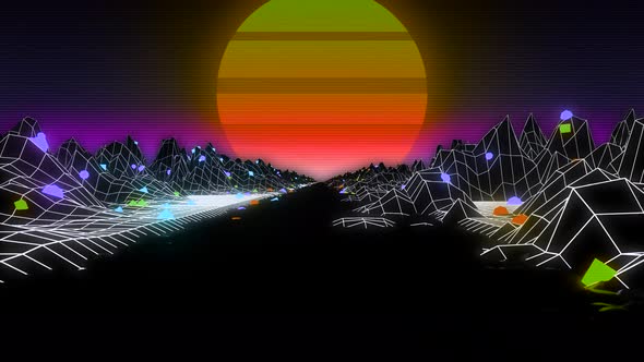 80s retro background 3d animation. Futuristic way and sun,