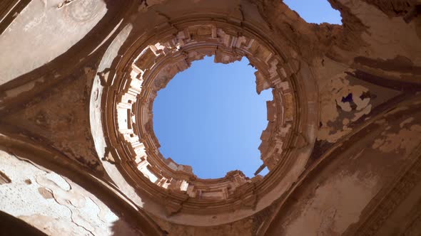 Rotating View of Ceiling Ruins of a Destroyed Church in the Ancient Village of Belchite