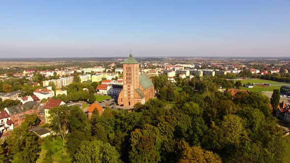 Aerial view of the Church of Saint Catherine of Alexandria in Braniewo, Poland