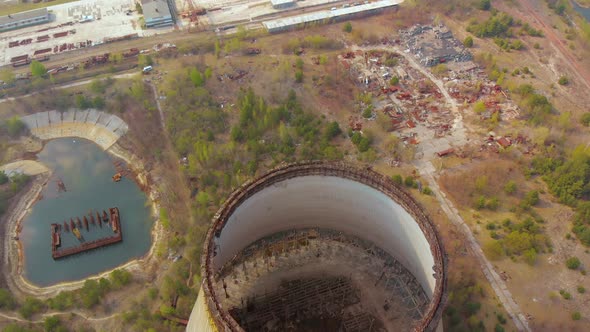 Flying Over the Cooling Tower Near Chernobyl NPP.