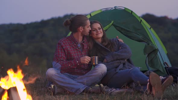 People Traveling To Nature, Couple Near Camp