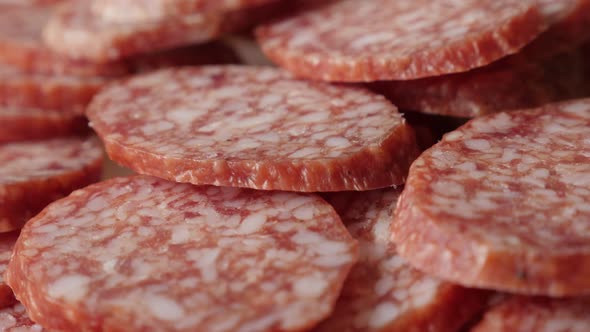 Slow pan cured sausage of air-dried meat cuts 4K 2160p 30fps UltraHD footage - Tasty dry  salami  sm