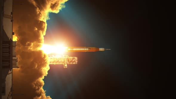 Vertical video of night launch of big heavy rocket alt