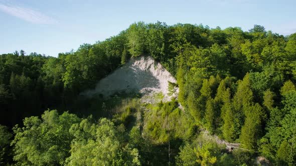 Hilly forest landscape with sandy eroded cliff valley and dense green tree canopy. Aerial drone reve