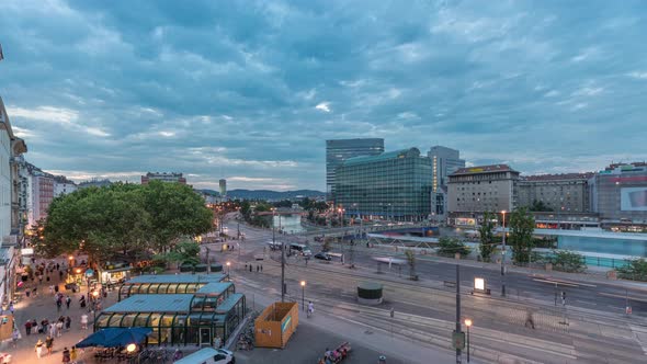 The Schwedenplatz is a Square in Central Vienna Located at the Danube Canal Aerial Day to Night