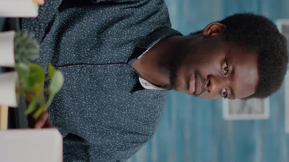 Vertical Video Closeup Portrait of Black African American Man Working on Computer