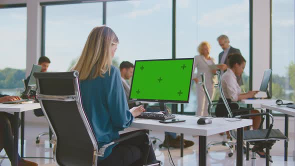 Blonde woman working on computer