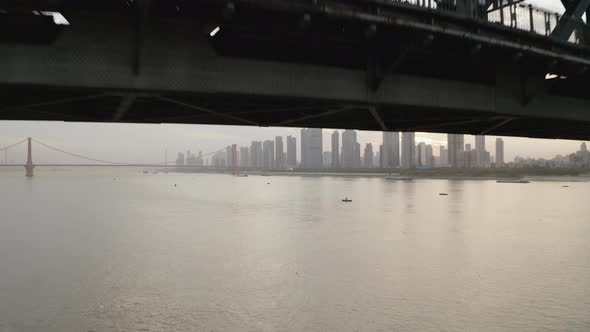 Aerial view of Yangtze River bridge in Wuhan downtown, China.