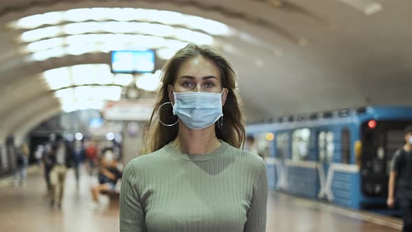 Woman Masks Walking Station Metro Corona Virus. Crowd People in Subway Covid-19.