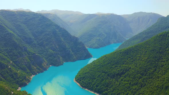 Aerial View Picturesque Scene of Great Canyon of Lake Piva in National Park Durmitor Montenegro