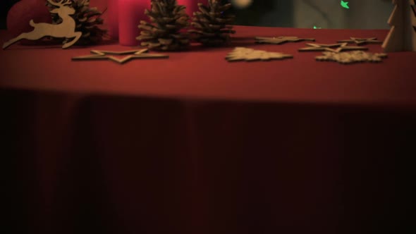 Beautiful X-Mas Decorations on Table, Bright Lights Sparkling, Vertical Panorama
