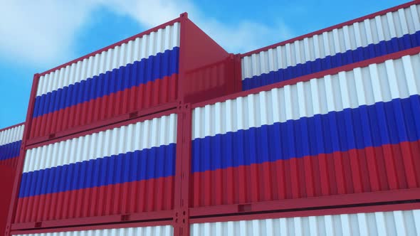 Russia Flag Containers are Located at the Container Terminal