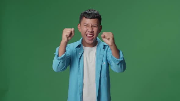 Cheerful Young Asian Boy Celebrating While Standing On Green Screen In The Studio