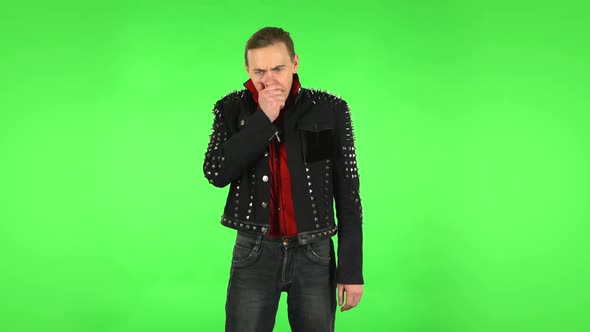 Guy Got a Cold, Sore Throat and Head, Cough on Green Screen at Studio