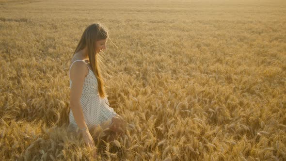 Longhaired Woman Walks in Golden Wheat Field on Sunny Day