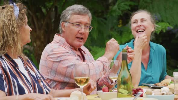 Animation of happy caucasian senior female and male friends talking at lunch in garden