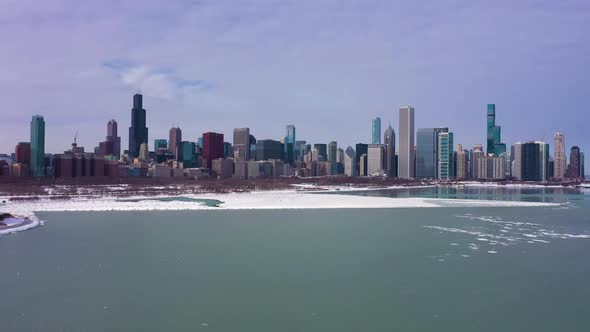 Urban Skyline of Chicago and Lake Michigan on Winter Day