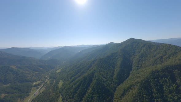 Aerial Panorama View Picturesque Sunny Natural Village Countryside Infrastructure Mountain Forest
