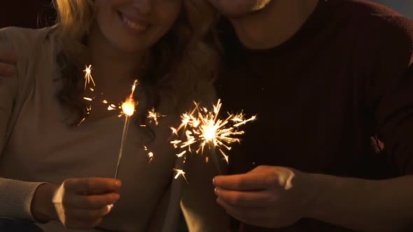 Beloved Couple Holding Bengal Lights, Celebrating Winter Festival Together, Xmas