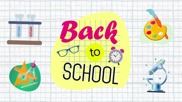Animation of Back to School written in pink and black with several school pictograms