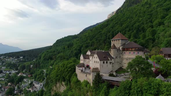 Aerial shot of Vaduz castle in capital of Principality of Liechtenstein, Europe