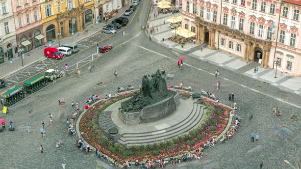 Aerial View of Old Town Square and Jan Hus Monument Timelapse