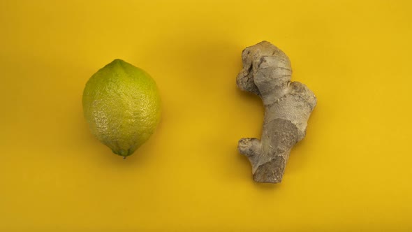 Lemons and ginger on yellow background, seamless loop stop motion animation 4k