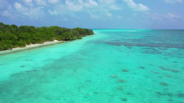 Aerial top down nature of perfect sea view beach adventure by shallow water with white sand backgrou
