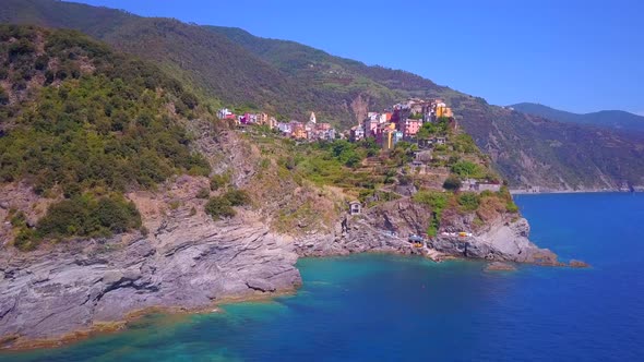 Aerial travel view of Corniglia, Cinque Terre, Italy.