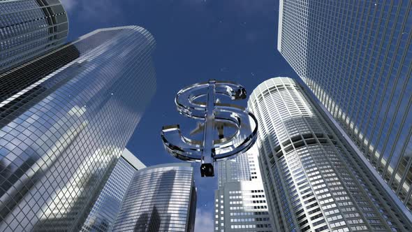 crystal dollar sign on the background of tall mirrored buildings and an airplane