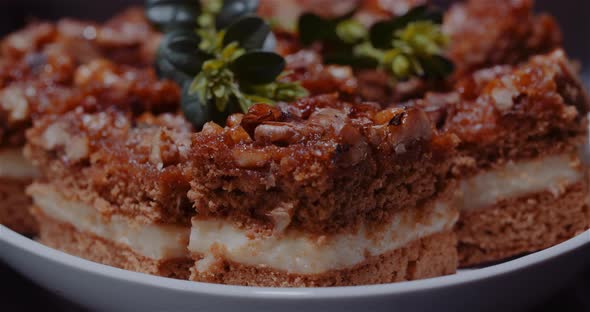 Traditional Walnut Cake on Plate Rotating