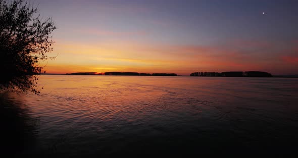 Panorama shot moments before the sunrise over the Danube river