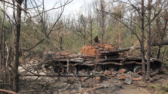 A Destroyed and Burnt Tank of the Russian Army As a Result of a Battle with Ukrainian Troops Near