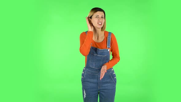 Woman Holding Hand Near Ear Trying To Listen To Interesting News Expressing Communication Concept