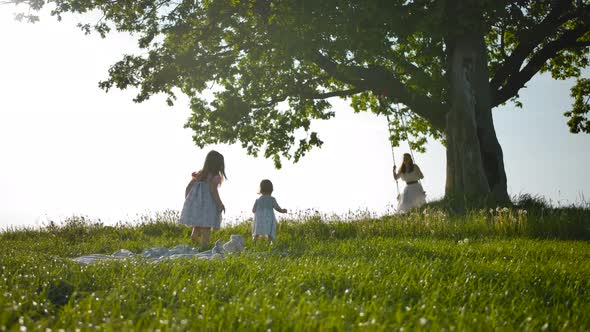 Two Little Sister Girls Run Across a Clean Green Field To Their Mother, Swinging on a Swing.