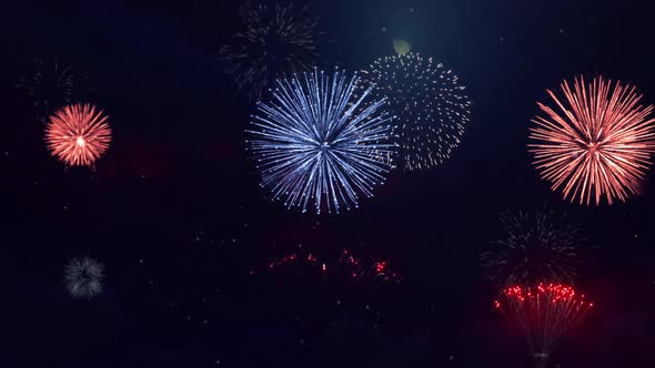  Abstract Golden Multi Color Fireworks Explosion on Sky Loop Animation Background.