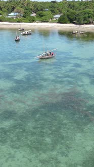 Boat Boats in the Ocean Near the Coast of Zanzibar Tanzania Slow Motion Vertical Video