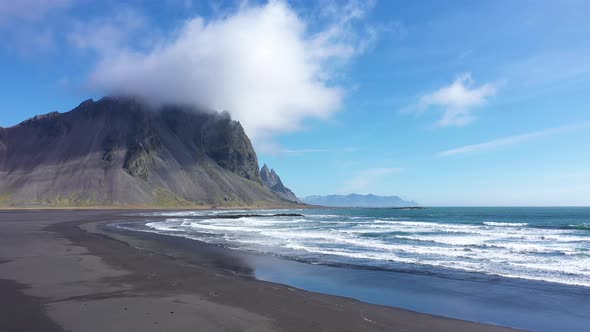 Flying Near Vestrahorn Mountain and Atlantic Ocean, Stokksnes, Iceland