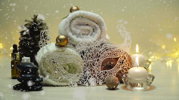 Spa Salon Items and Attributes with Christmas Decorations in Mild Snowfall, Beautiful Christmas