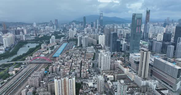 Aerial footage of landscape in downtown of shenzhen city, China