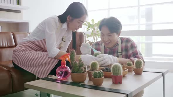 A young Asian couple are planting trees while relaxing at home.