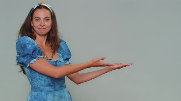 Woman Showing Thumbs Up and Pointing Right Empty Place Advertising Area for Commercial Text Logo