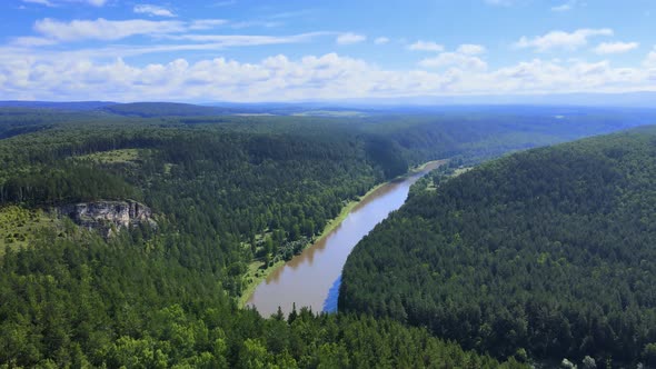 Protected area of the Ai River with rocky ledges. Mountains of the Southern Ural